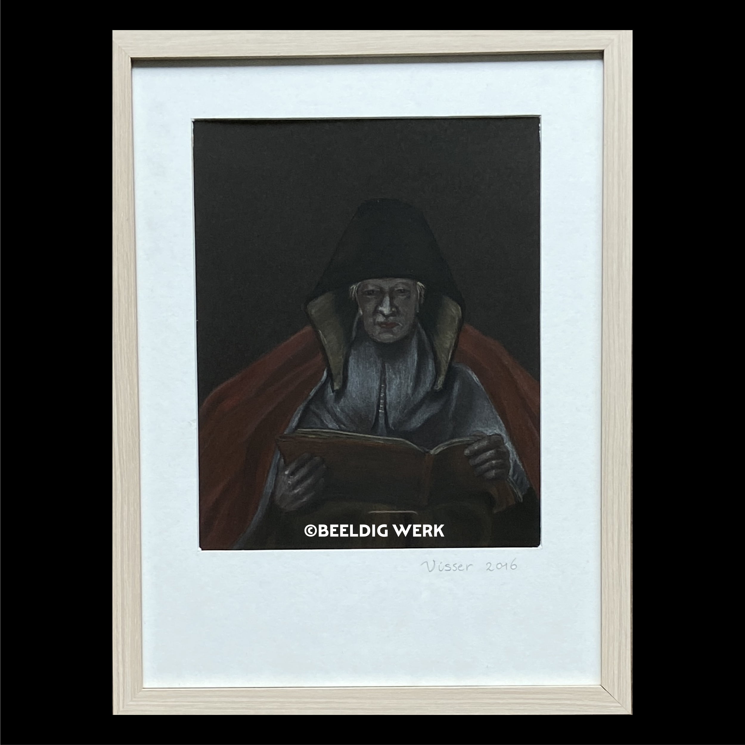 Pastel tekening van de lezende oude vrouw