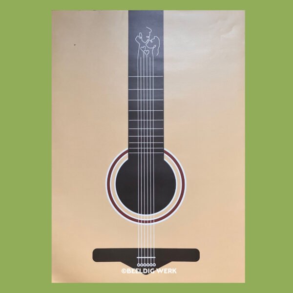 Een poster met een illustratie van de voorkant van een gitaar. De snaren vloeien over in twee verliefde mensen. Een love song.